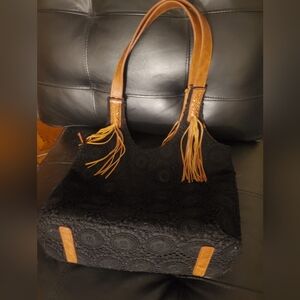 Handbag Est. 1946 Macrame Black Saddle Brown Tassels Straps And Trim